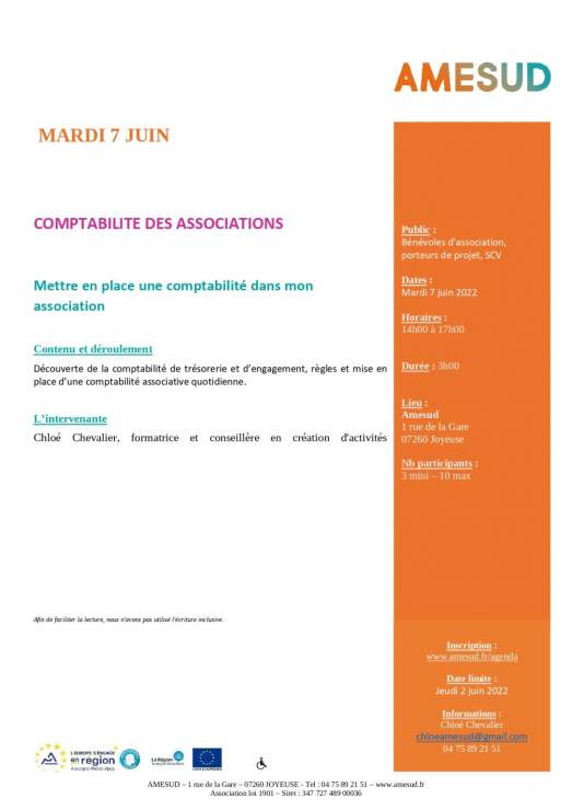 Formation gratuite "comptabilité associative niveau 2" - Joyeuse (07)